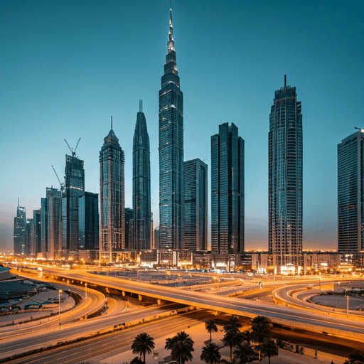 Cinematic wide shot of Dubai Silicon Oasis skyline with geometric glass buildings under a sharp, high-contrast evening sky