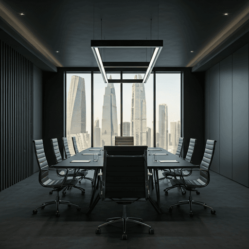 Minimalist modern boardroom in Dubai with dark grey tones, sharp lighting, and large windows overlooking architectural silhouettes